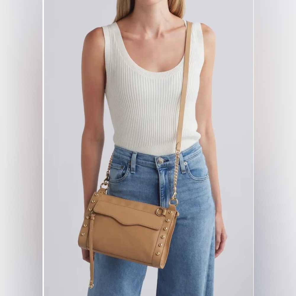 Rebecca Minkoff MAB Suede Leather Studded Crossbody Shoulder Bag in Honey